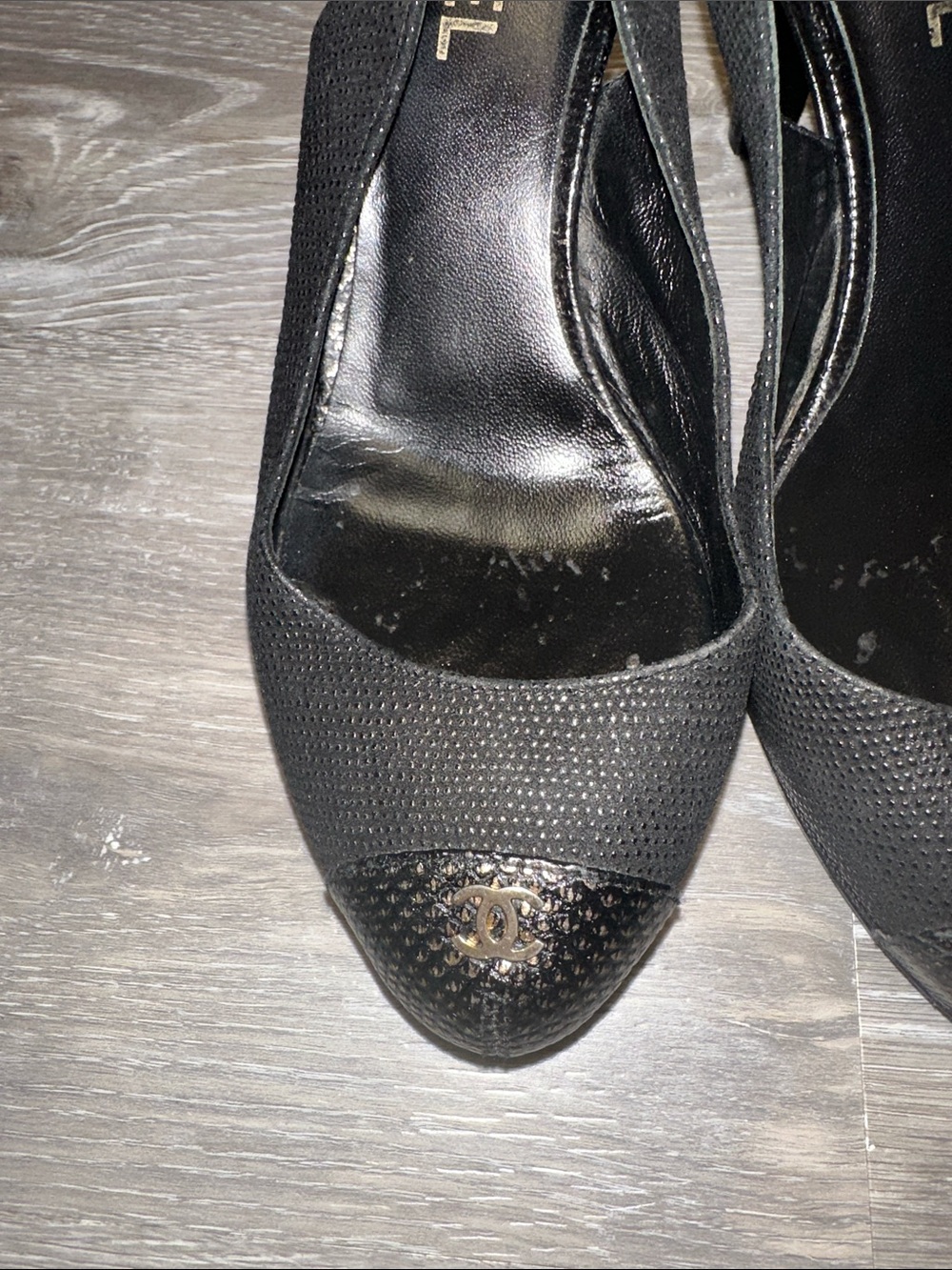 CHANEL Black Slingback Peep-Toe Heels with Gold CC Cap-Toe - Picture 11 of 12